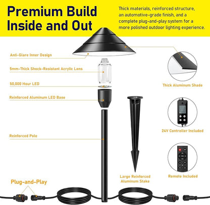 14-Light Low Voltage Landscape Lighting System, 12 Pathway Lights & 2 Spotlights, 72W 24V ETL Controller, Plug-and-Play, IP65 Waterproof, Remote & Timer, 3000K Warm White, 140FT for Path Garden