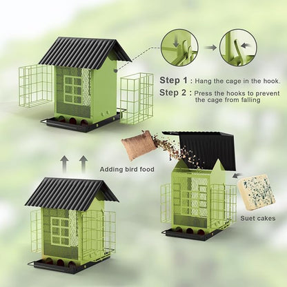FlowaFoli Bird Feeders for Outdoors Hanging, Metal Bird Feeder with Double Suet Cage Cake, Large Capacity, Birdfeeders Sturdy & Weatherproof, Easy to Clean & Refill, Great for Attracting Wild Birds