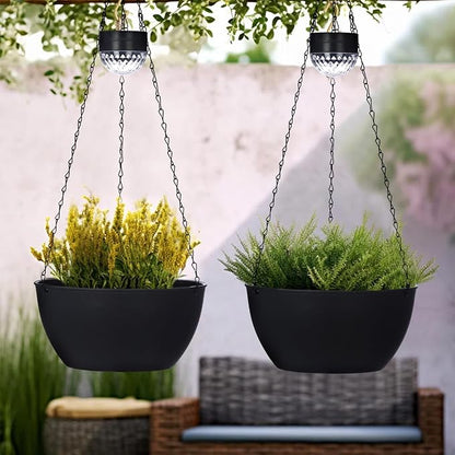 SUNNYPARK 2 Pack Solar Hanging Planters for Plants Outdoor | Self Watering, Black Flower Pots with Solar Light, Hanging Garden Planters with Drainer for Balcony Patio Outdoor Decor