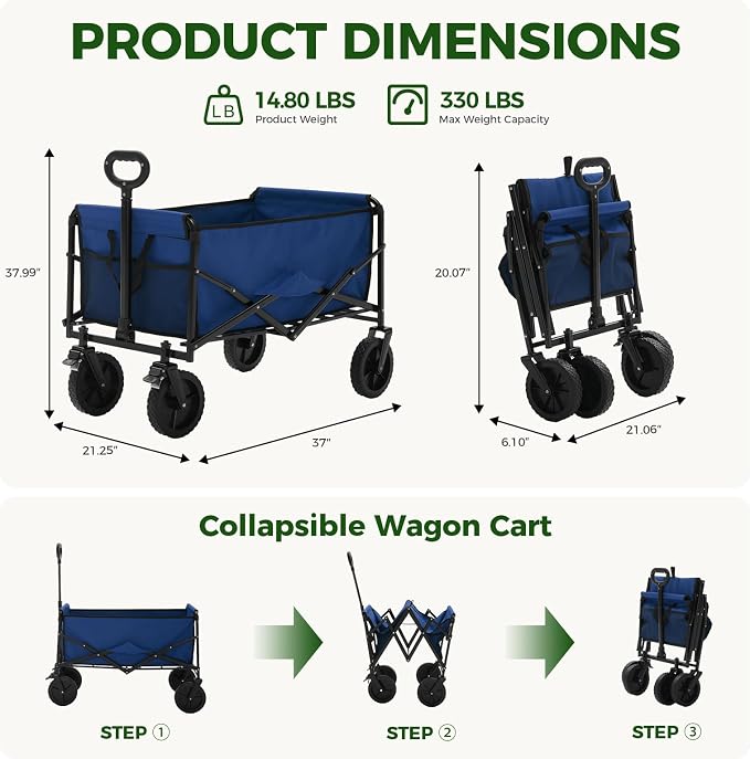 DUMOS Collapsible Wagon Cart, Heavy Duty Foldable Utility Wagon with Lockable Brake Wheels – 330 lbs Capacity, Flexible Handle for Beach, Garden, Sports, Grocery & Camping, Blue