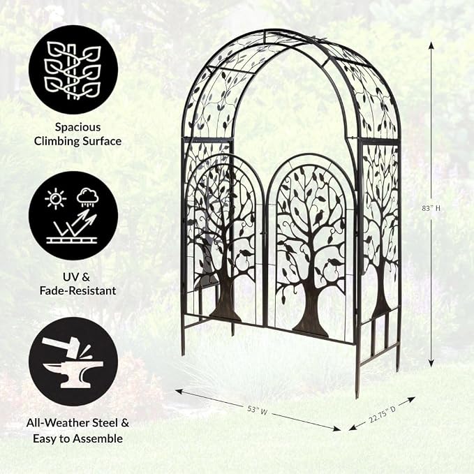 Plow & Hearth Metal Tree of Life Arched Garden Arbor with Gate | 7 feet Tall Laser-Cut Design | Plant Support for Heavy Vines | Landscape Focal Point | Iron Steel