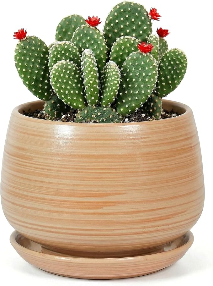 7.5 Inch Flower pots for Indoor Outdoor Plants with Saucer Drainage Leak-Proof Mesh, Ceramic Planter with Gardening Gloves for Succulent and Flower(Khaki Striated)