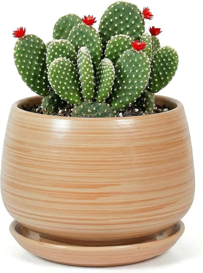 7.5 Inch Flower pots for Indoor Outdoor Plants with Saucer Drainage Leak-Proof Mesh, Ceramic Planter with Gardening Gloves for Succulent and Flower(Khaki Striated)