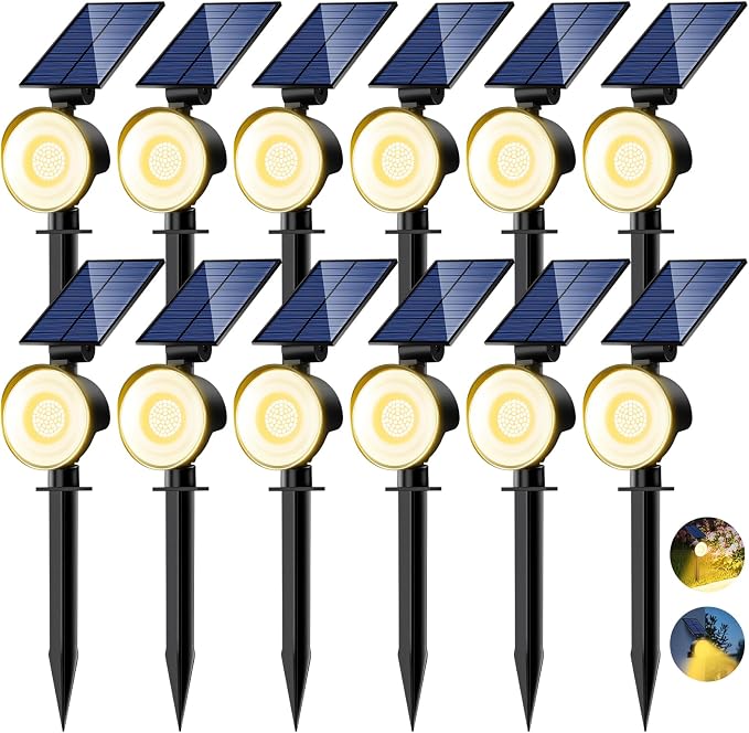nipify 12 Pack Solar Spot Lights Outdoor Waterproof with 3 Modes, Solar Spotlight Light for Outside Yard Landscape Lighting Pathway Lights Wall,Warm White