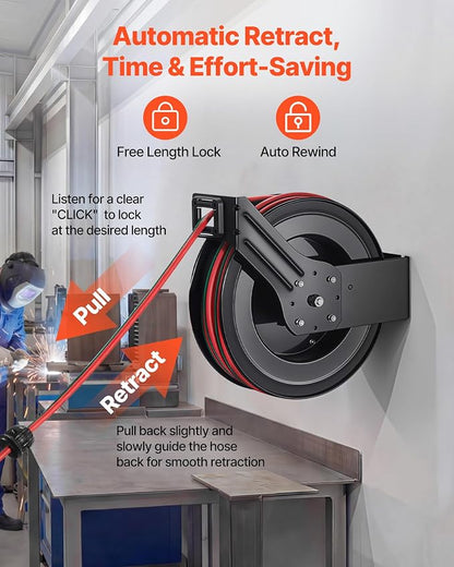VEVOR Retractable Welding Hose Reel, 1/4 Inch x 100FT Twin Oxygen Acetylene Rubber Hose Max 300PSI - R Grade, Ceiling/Wall Mount Heavy Duty Steel Hose Reel Auto-Rewind, Ideal for Workshops Garages