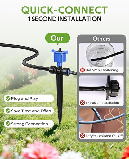 HIRALIY 100FT Drip Irrigation System with Timer, Pressure Compensated Watering Kit with 24 Adjustable Emitters, Quick Connect Garden Irrigation for Raised Beds, Greenhouses and Garden Rows
