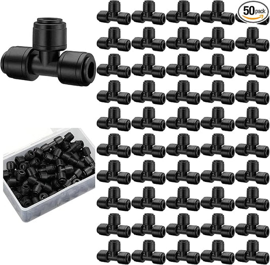 Weysat 50 Pack Quick Connect 1/4" Drip Irrigation Tee Connectors, Universal Fittings for 1/4 Inch Tubing, Leak Free Fitting for Sprinkler or Drip Irrigation System, Easy to Install for Gardens Farms