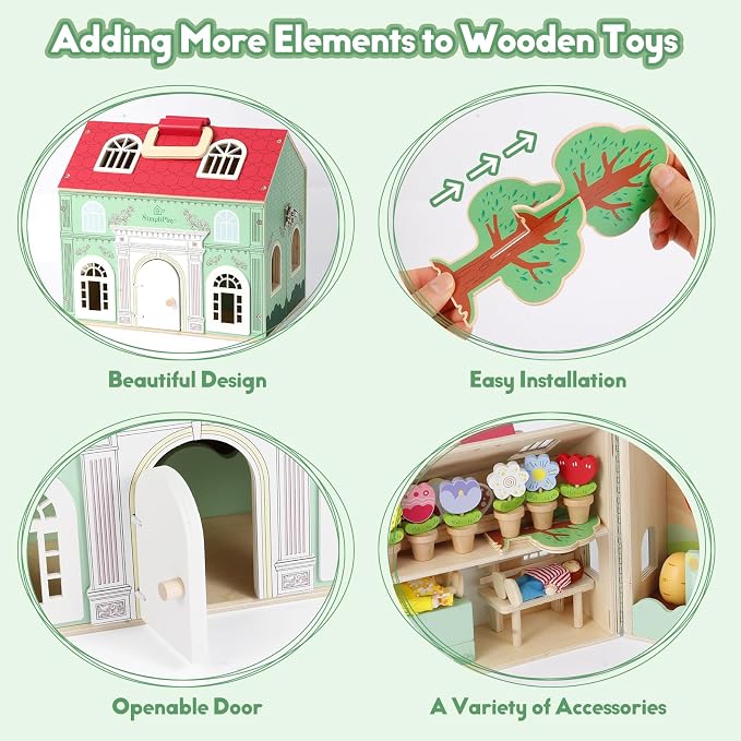 SIMPLIPLAY Montessori Wooden Garden Toys, Vegetable Matching Toy, Toy Food | 45pcs Wooden Dollhouse Kit, Educational Farm Pretend Play & Play Food Sorting for Toddler Kids Boys Girls Birthday Christmas