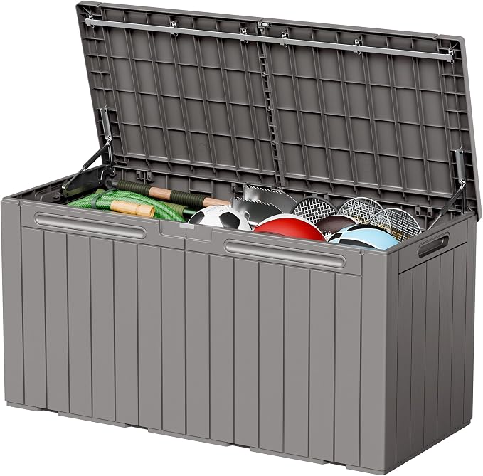 110 Gallon Deck Box Outdoor Indoor Waterproof Storage Box for Patio Furniture, Pool Accessories, Garden Tools, and Cushion Storage, Coffee