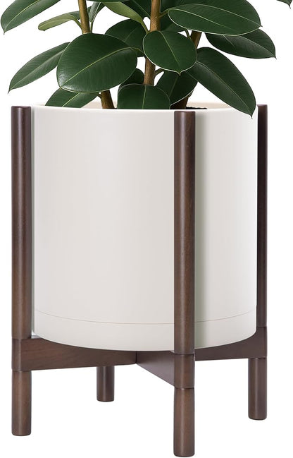D'vine Dev Plastic Pot with Walnut Wood Stand, Oatmeal, 14 in, 55-C-R-3 | Mid-Century Inspired Design, Elevated Plant Display, Clean Lines, Sturdy Support, Modern Space-Saving Style