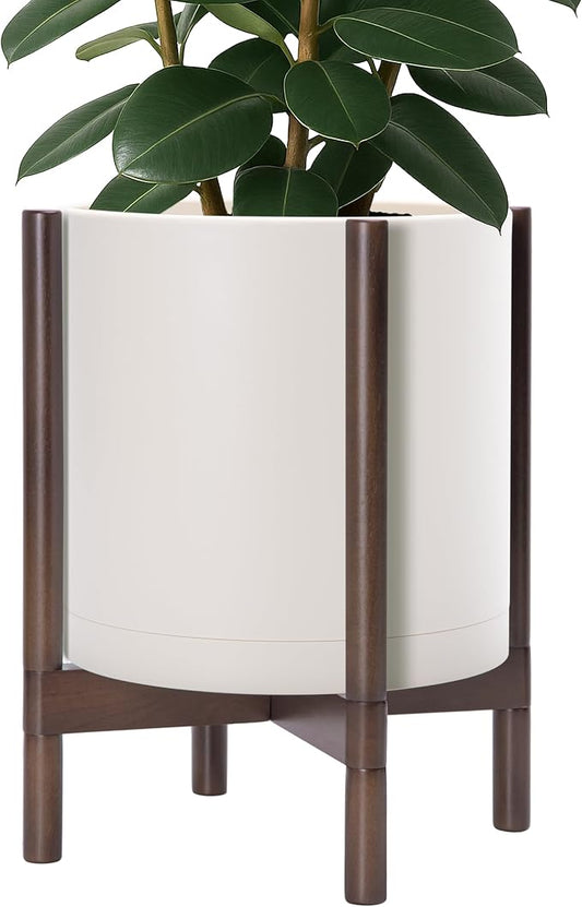 D'vine Dev Plastic Pot with Walnut Wood Stand, Oatmeal, 14 in, 55-C-R-3 | Mid-Century Inspired Design, Elevated Plant Display, Clean Lines, Sturdy Support, Modern Space-Saving Style