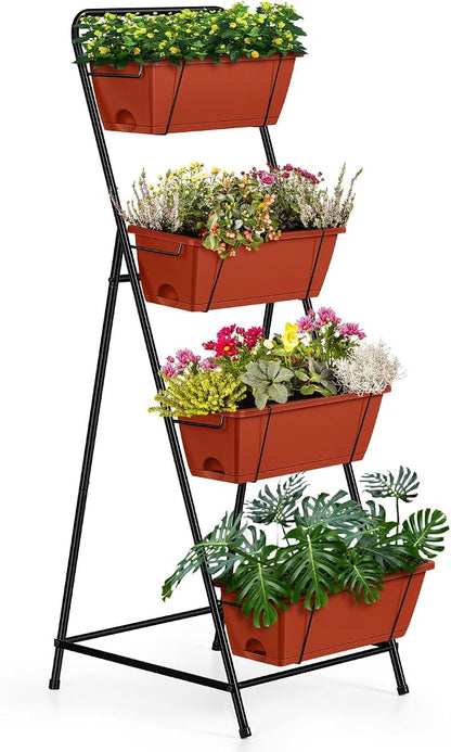 4 Tier Vertical Raised Garden Bed Planters for Outdoor Plants Herb Garden Planter with Drainage Holes Standing Garden Planters for Herbs Flowers Vegetables Plants (Brick Red)