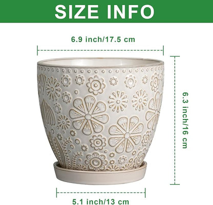 MPotTo 6.9 Inch Plant Pot with Drainage Hole and Saucer Ceramic Planter for Indoor Plant Flower Pot for Orchid Succulents Plants White