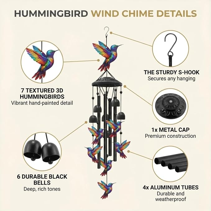 36" Rainbow Hummingbird Wind Chimes for Outside, Memorial Sister Gifts | Rainbow-gradient birds, black aluminum tubes, bells & S-hook. A soothing rustic deep tone decor for spring courtyards