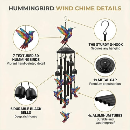 36" Rainbow Hummingbird Wind Chimes for Outside, Memorial Sister Gifts | Rainbow-gradient birds, black aluminum tubes, bells & S-hook. A soothing rustic deep tone decor for spring courtyards