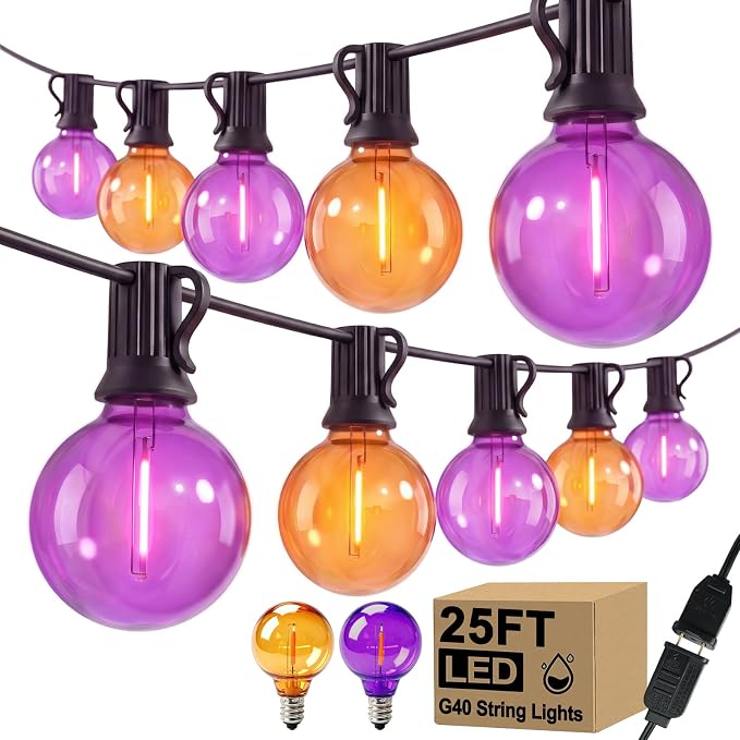 25 LED Outdoor String Lights, 25Ft Halloween Decoration Lights | Shatterproof Orange Purple G40 Bulbs, Connectable, Plug in, UL Certified, Hanging Halloween Lights for Home Decor Patio