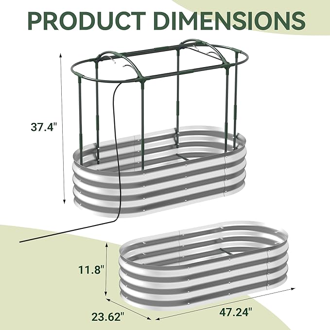 Lineware Raised Garden Bed with Self-Watering System, 4x2x1 ft Elevated Planter Boxes Outdoor with Mesh Cover, Oval Galvanized Raised Beds for Gardening,Vegetables,Flowers, Backyard, Patio