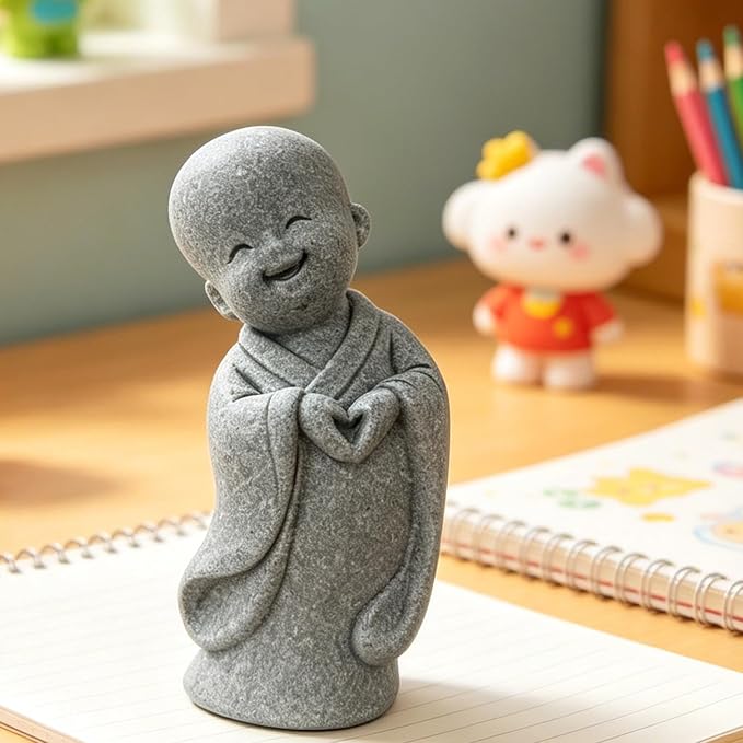 Happy Little Monk Statue, Smiling Buddha Figurine | Zen Garden Spiritual Decor, For Home Office Desk, Yoga Studio, Tea Room, Feng Shui Blessing Ornament