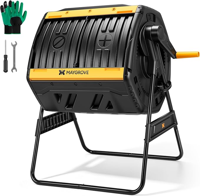 Maygrove Outdoor Compost Bin 53 Gallon, Dual Chamber Large Compost Tumbler for Garden Backyard, with 360° Rotating, Sliding Doors & Solid Steel Frame, Updated Instructions