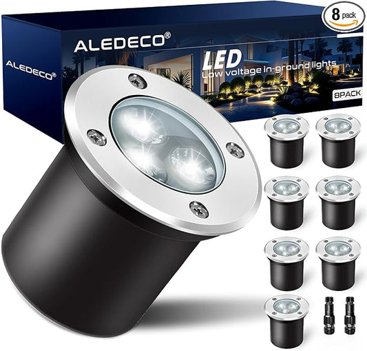 8Pack Low Voltage Landscape Lights with Connectors 3W LED 12-24V In-Ground Lights IP67 Waterproof Garden Lighting 6500K Outdoor Decorative Lights for Yard Pathway Patio (Cool White)