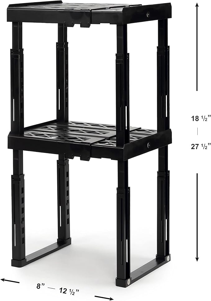Tools-for-School Height & Width Adjustable Locker Shelf - Strong ABS Plastic - Width Adjusts from 8"-12.5" & Height Adjusts from 10"-14" - Patented Design - BEWARE OF CHEAP IMITATIONS - 2 Pack (Black)