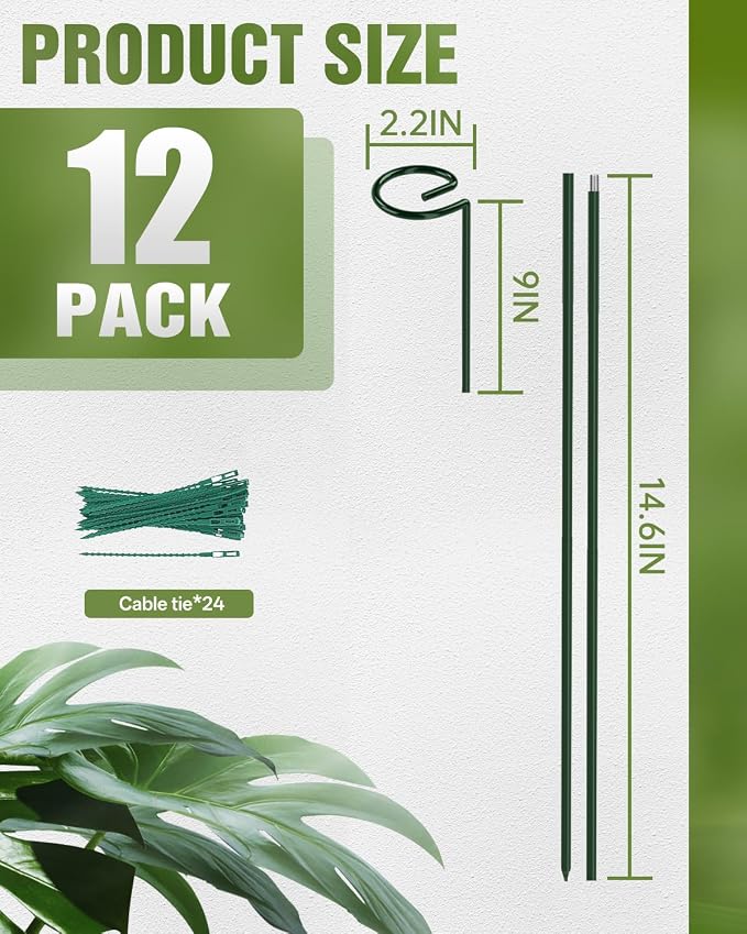 12 Pack 36 Inch Plant Support Stakes for Outdoor Plants and Indoor Flowers | Includes 24 Twist Ties, Sturdy metal, Rust-proof, Adjustable height, Supports Hibiscus,Sunflower,Hydrangea,Tomato,and more