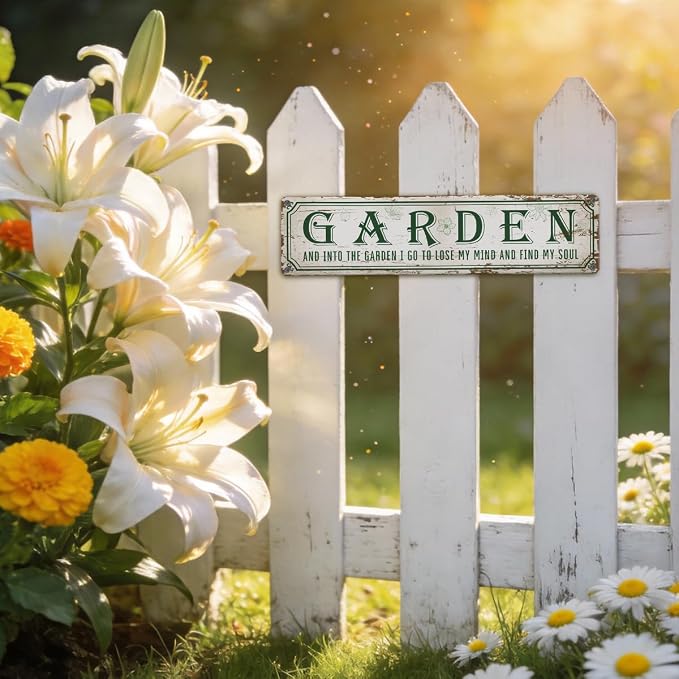 Garden Metal Tin Sign, Into The Garden To Lose My Mind Signs, Rustic Farmhouse Outdoor Wall Decor, for Porch Patio Fence, for Gardening Lovers, 15.7 x 3.9 Inches