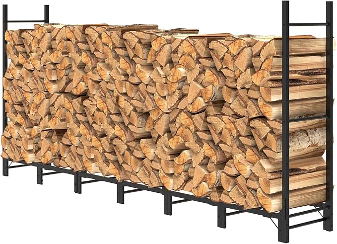Helios&Hestia 8Ft Outdoor Firewood Rack for Fireplace, Heavy Duty Steel Log Holder, Indoor Wood Pile Storage Organizer, Adjustable Stacker Stand, Black