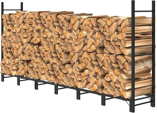 Helios&Hestia 8Ft Outdoor Firewood Rack for Fireplace, Heavy Duty Steel Log Holder, Indoor Wood Pile Storage Organizer, Adjustable Stacker Stand, Black