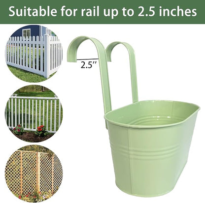 Balcony Hanging Planters Flower Pots, 10" Metal Flower Pots for Outdoor Balcony Rails, Fence Pot Hanging Plant Holders with Detachable Hooks for Garden Patio Yard Decor (Mint Green, 4Pcs)