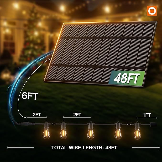 addlon 54FT Solar String Lights Outdoor Waterproof with USB Charging & Remote Control - Dimmable Solar Power Patio Lights with 26 LED Bulbs for Porch, Garden, Yard, Market, Bistro - Lasts 20+ Hrs