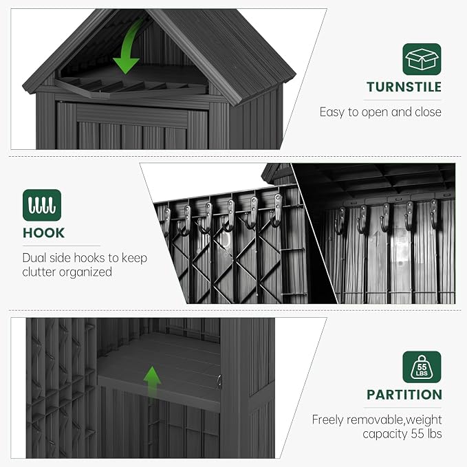 Bifanuo Deck Box Storage Shed Outdoor Storage Cabinet, Vertical Waterproof Resin Material Plastic Shed with Removable Shelves, 12 Hooks and Lock Ring for Garden, Pool and Patio (Black)
