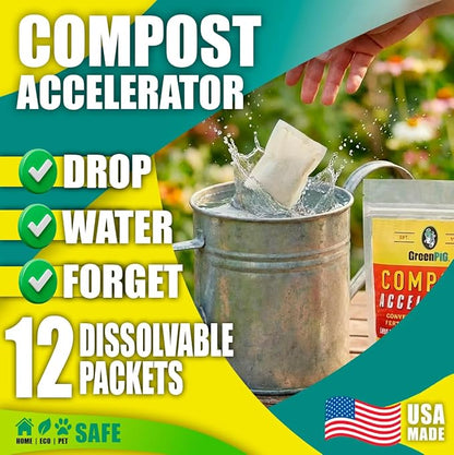 GREEN PIG Compost Accelerator Converts Yard Waste to Fertile Humus in 30 Days and Helps Control Odors Associated with Compost Piles, 1 Bag (12 Dissolvable Packets) | Converts Yard Waste to Fertile Humus in 30 Days, Helps Control Odors Associated with C...