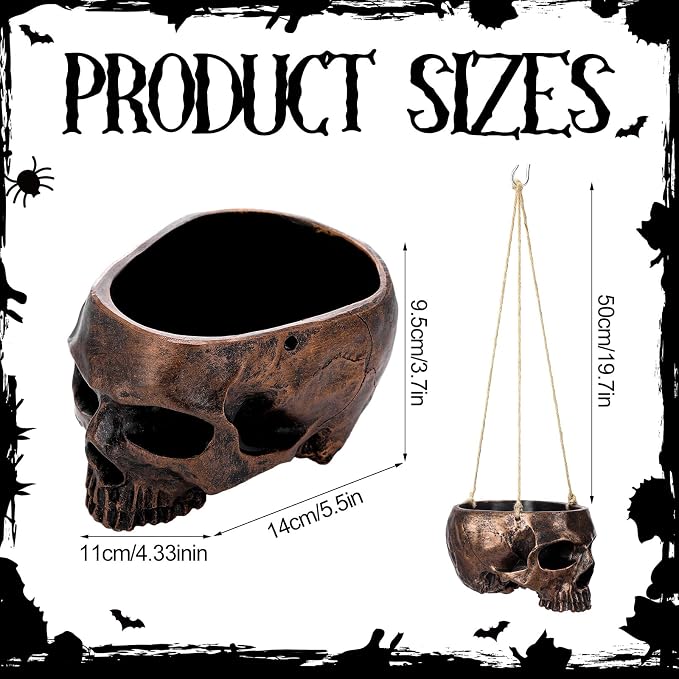 2 Pack Hanging Skull Planter Pot with Ropes Gothic Skeleton Plant Pot Skull Candy Bowl for Succulent Plants Flowers Horror Head Wall Decoration (Bronze)