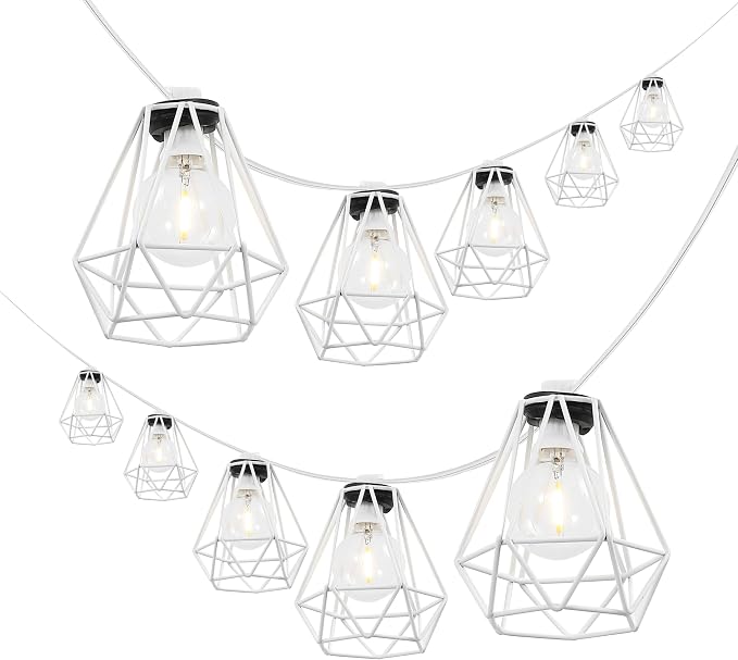 JONATHAN Y 10' White LED String Lights, 10-Light Indoor/Outdoor Set for Patio Deck, Modern Iron Diamond Cage Shade, Weather-Resistant, Connectable, UL Listed (JYL8705B)