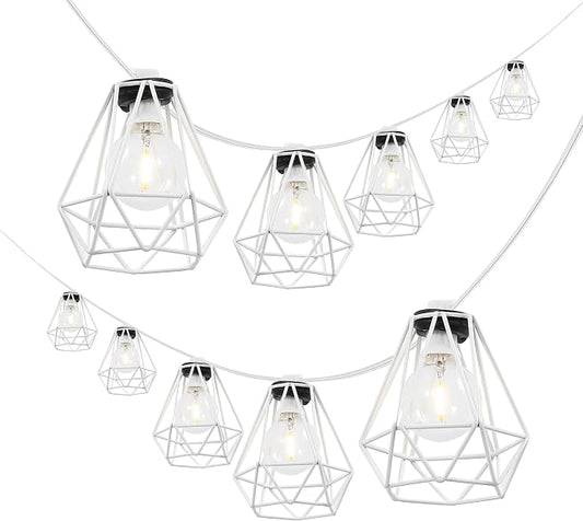 JONATHAN Y 10' White LED String Lights, 10-Light Indoor/Outdoor Set for Patio Deck, Modern Iron Diamond Cage Shade, Weather-Resistant, Connectable, UL Listed (JYL8705B)