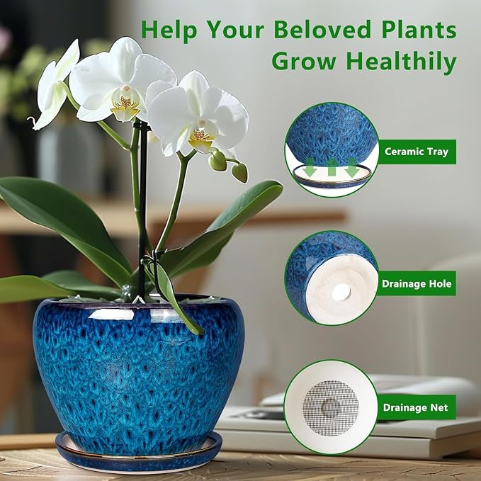 Unijoy 8 Inch Ceramic Plant Pot - Large Modern Indoor Planter with Drainage & Saucer - Round Flower Pot for Succulents & Outdoor Garden Décor - Gift for Plant Lovers