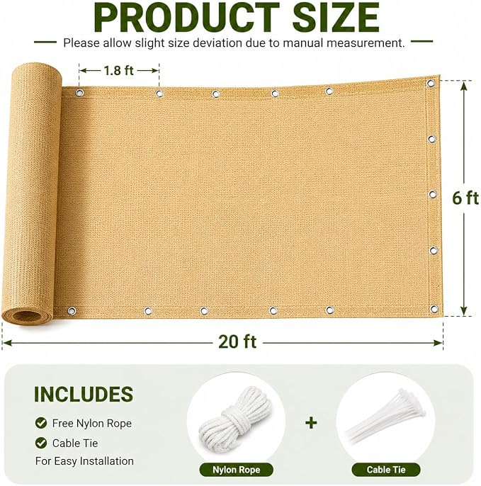90% Outdoor Sun Shade Cloth, 6’ x 20’, Pergola, Deck, and Backyard Patio Sunshade with UV Protection, Heat Resistant HDPE Material, Reinforced Grommets (6x20 FT,Wheat)