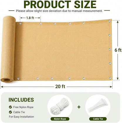 90% Outdoor Sun Shade Cloth, 6’ x 20’, Pergola, Deck, and Backyard Patio Sunshade with UV Protection, Heat Resistant HDPE Material, Reinforced Grommets (6x20 FT,Wheat)