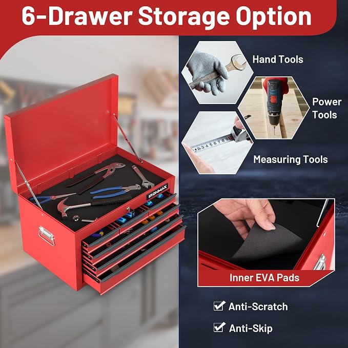 Goplus Tool Box, 24” Steel Tool Chest w/6 Drawers, Top Tool Tray,Automatic Lock, Protective Liners, Handle, Smooth Ball Bearing Sides, Portable Tool Storage Organizer, Toolbox for Garage Workshop