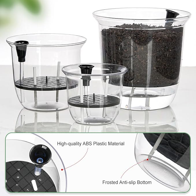 Self Watering Pots Set, 5 Pack 5 Inch Self Watering Pots for Indoor Plants, Clear Planter Pot with Deep Reservoir for Spider Plant, Orchid, African Violet (5Pcs Large)