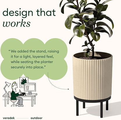 Veradek Demi Series Round Planter w/Stand for Porch/Patio | Durable Plastic-Stone Composite & Wooden Stand | Modern Décor for Tall Plants, Flowers