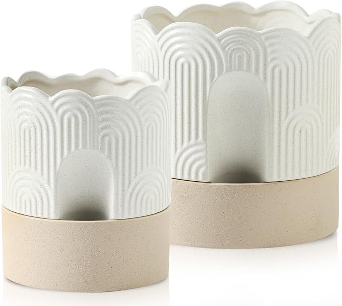 Nihow Ceramic Self Watering Pots for Indoor Plants, 6+8 Inch,Beige Set 2 | Visible Water Level Fill Port,Planter with Cotton Wick,Water Storage Plus, Cylinder Round Flower Pot, Succulent/Herbs/Violets