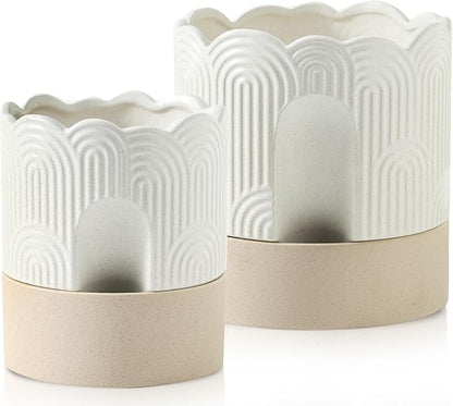 Nihow Ceramic Self Watering Pots for Indoor Plants, 6+8 Inch,Beige Set 2 | Visible Water Level Fill Port,Planter with Cotton Wick,Water Storage Plus, Cylinder Round Flower Pot, Succulent/Herbs/Violets