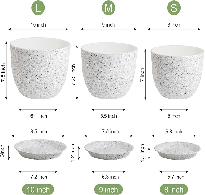 WSMKSZ 10/9/8 inch Medium Plant Pots, Set of 3 Modern Decorative Plastic Planters with Drainage Holes and Saucers for Garden House Plants, Flower Pots for Indoor Outdoor Plants, Speckled White