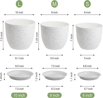 WSMKSZ 10/9/8 inch Medium Plant Pots, Set of 3 Modern Decorative Plastic Planters with Drainage Holes and Saucers for Garden House Plants, Flower Pots for Indoor Outdoor Plants, Speckled White