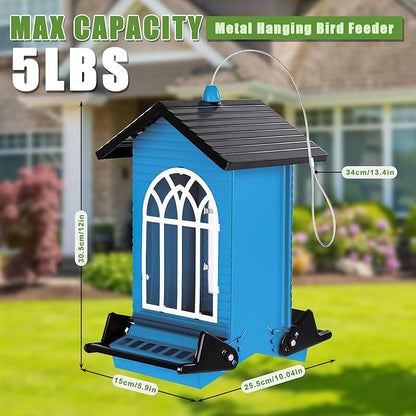 Gbekery Squirrel Proof Bird Feeder for Outdoors,5LB Large Capacity,Metal Wild Bird Seed Feeder with Bilateral Weight-Activated Perches for Outside Hanging,Garden Decoration,Blue