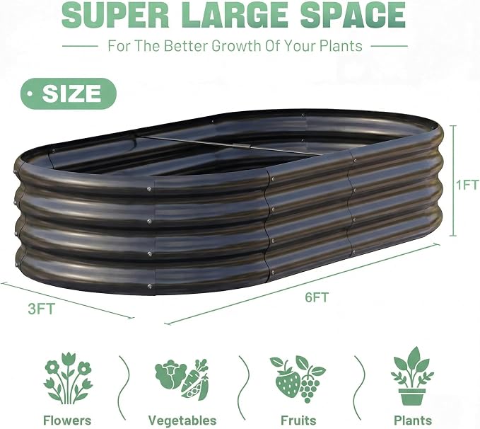 AHEONLAR 3 Pack 6×3×1ft Galvanized Raised Garden Bed, Oval Durable Planter Boxes Outdoor for Vegetables, Fruits, Flowers and Plants, Quick Assembly, Black