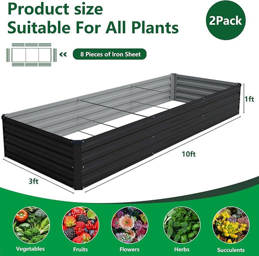 Vengarus 2PCS 10x3x1ft Galvanized Raised Garden Beds Kit,Planter Box Black | Galvanized Steel, Rectangular Metal Planter Raised Beds, Vegetables, Herbs, Flowers, Easy Assembly, Rustproof Safe Backyard