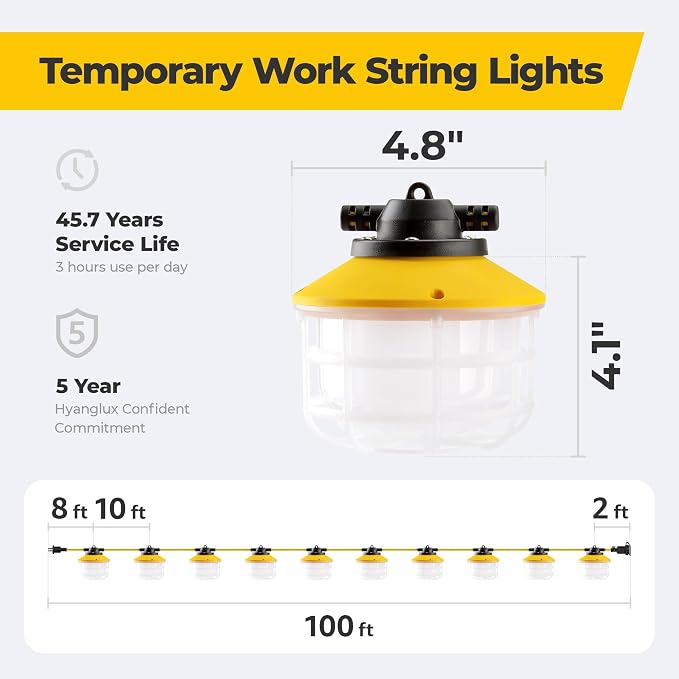 100FT 150W Ultra Bright ETL Listed LED Temp Work Construction String Lights | Linkable Up to 6 sets, 140 LM/W, 18/2 SJTW, IP65 Waterproof, Outdoor Temporary Hanging Lighting for Jobsite Shop Crawl Space